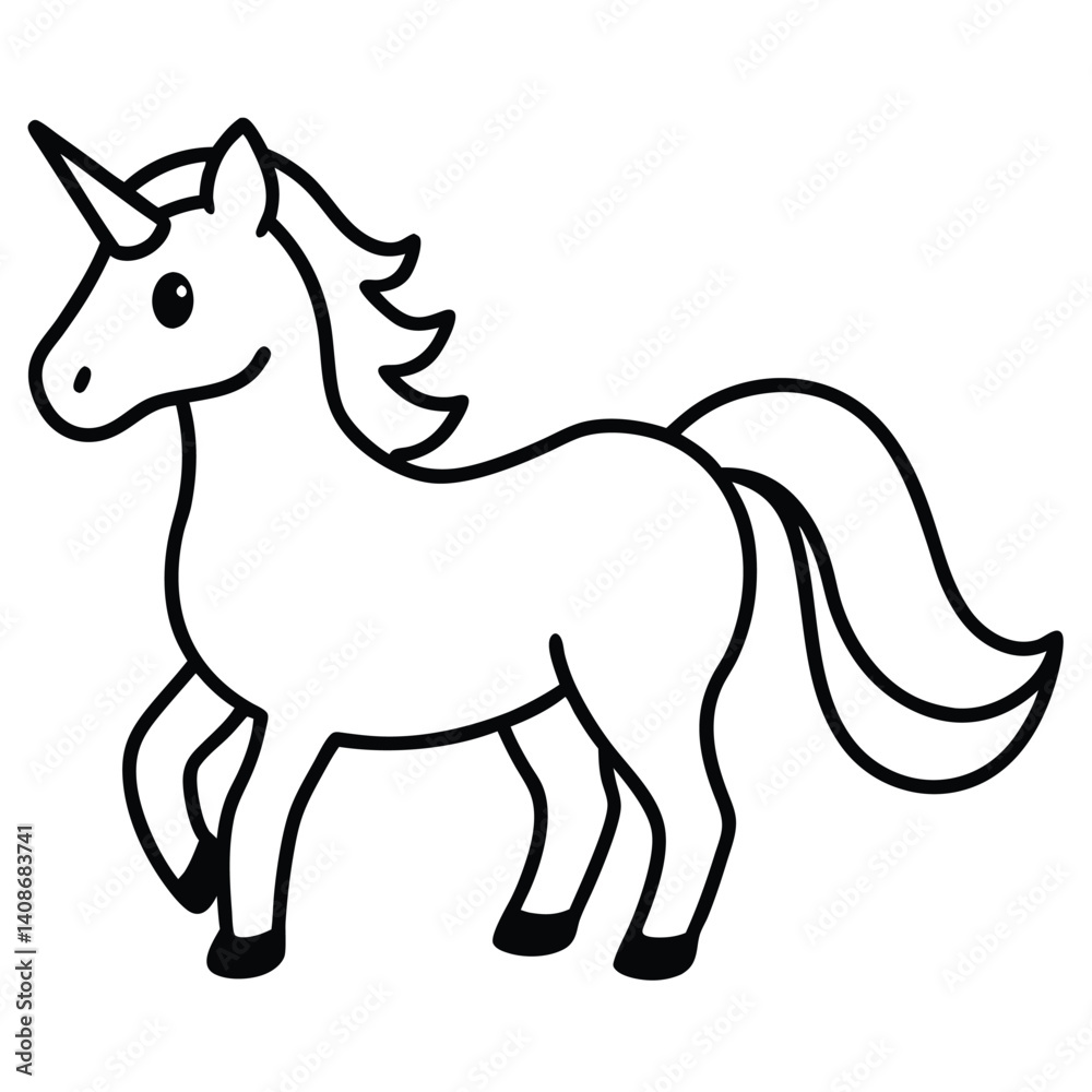 Fototapeta premium Cartoon Walking Unicorn Outline with Horn, Mane, and Tail on a Transparent Background