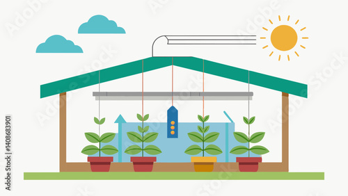In addition to providing shade the system also allows for adjustable ventilation ensuring proper air circulation to prevent plant diseases and maintain healthy crops.. Vector illustration