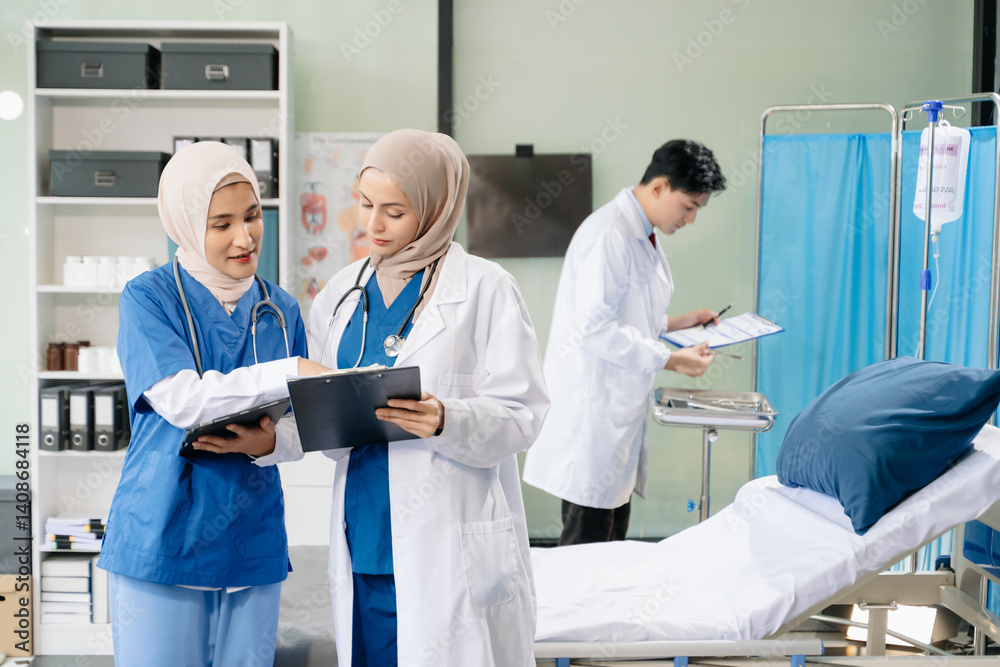 Obraz premium Medical professionals in modern clinic, discussing treatment and prescriptions. Healthcare, teamwork, consultation
