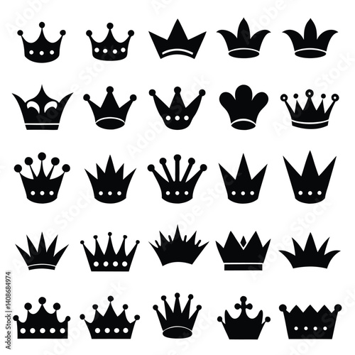 Crown Icon Silhouette Set with Decorative Shapes on Transparent Background
