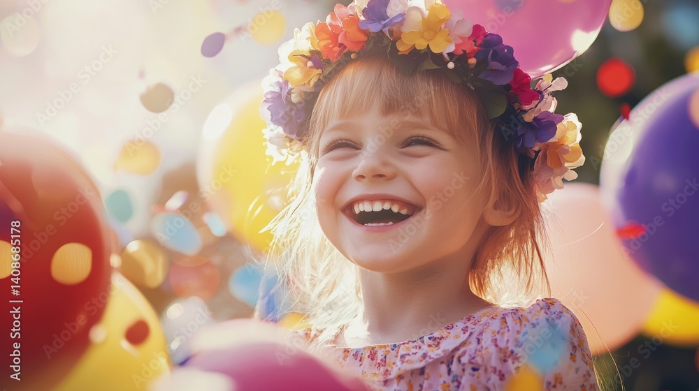 A smiling child in a flower crown with colorful balloons and confetti, celebrating joy and innocence on International Children's Day
A smiling child in a flower crown with colorful balloons and confetti, celebrating joy and innocence on International Children's Day