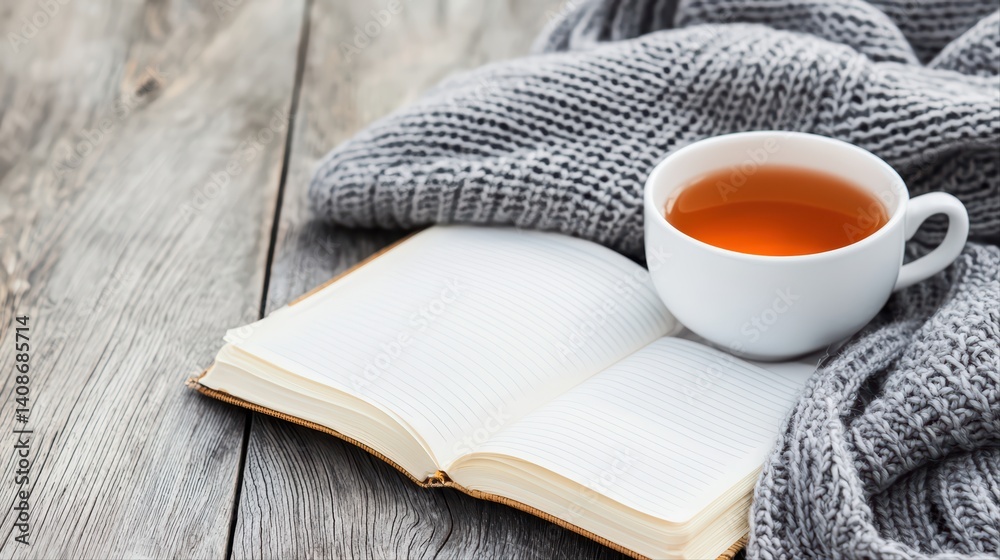 Cozy tea time with open book and soft knit blanket