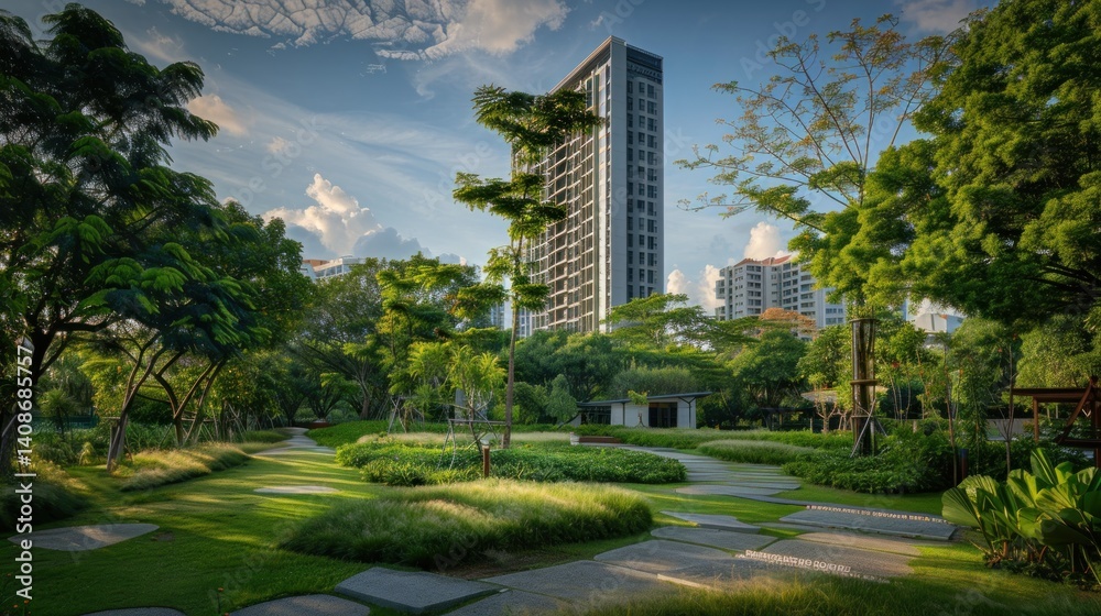 Urban park scene with tall structure