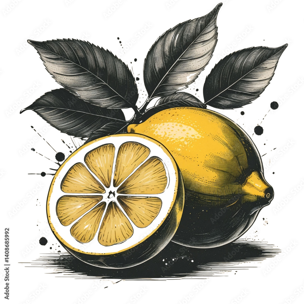 Vintage Lemon Fruit Illustration with Leaves in Ink Style