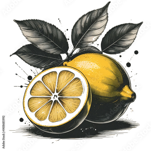 Obraz na płótnie Vintage Lemon Fruit Illustration with Leaves in Ink Style w salonie