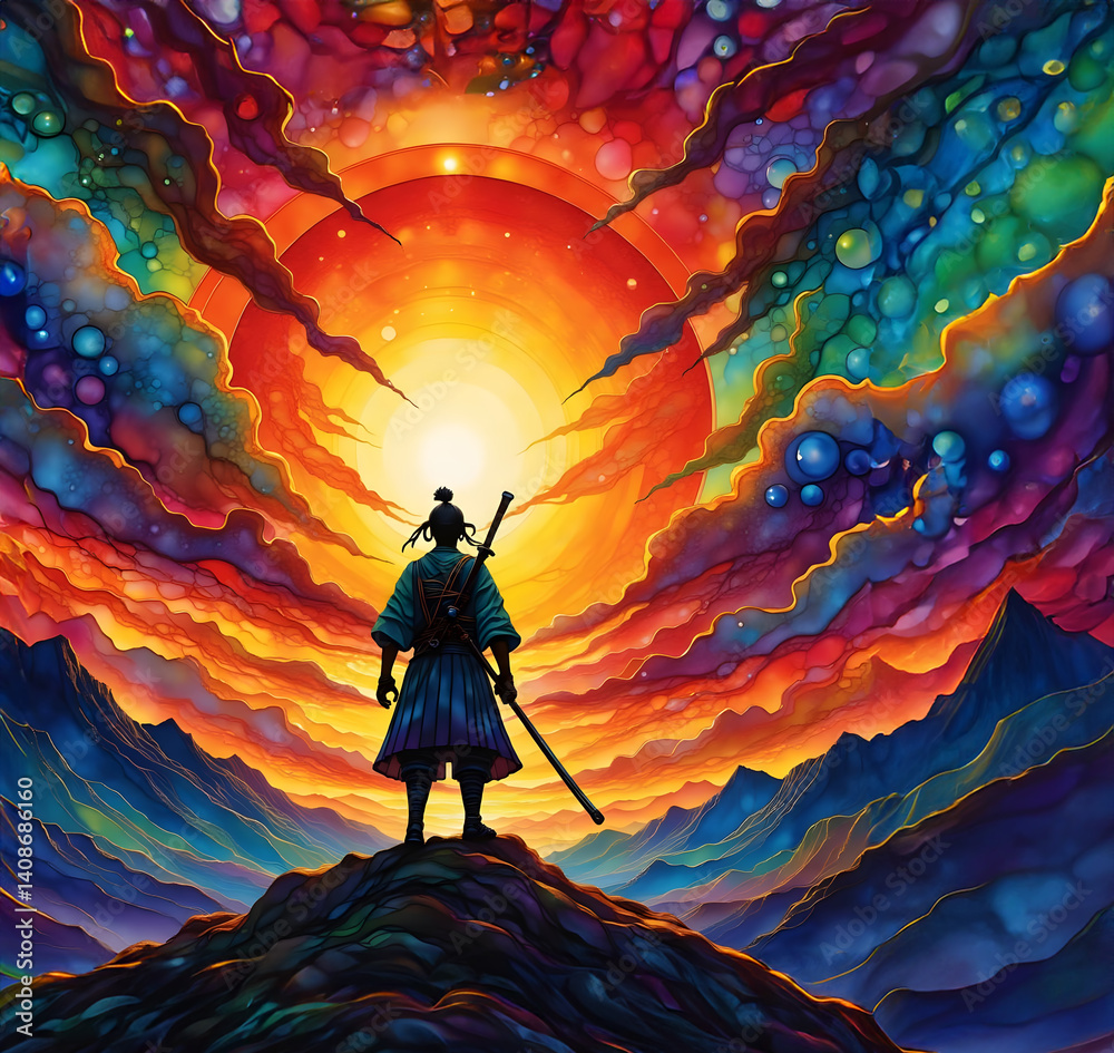 Conceptual textured art of a lone Samuri standing on a mountain looking into the sunset Ai