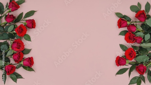 Red Rose Border on Pink: A vibrant arrangement of crimson red roses with lush green foliage elegantly frames a soft pink background.