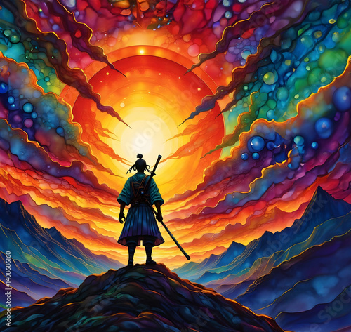 Conceptual  textured art of a lone Samuri  standing on a mountain looking into the sunset  Ai 