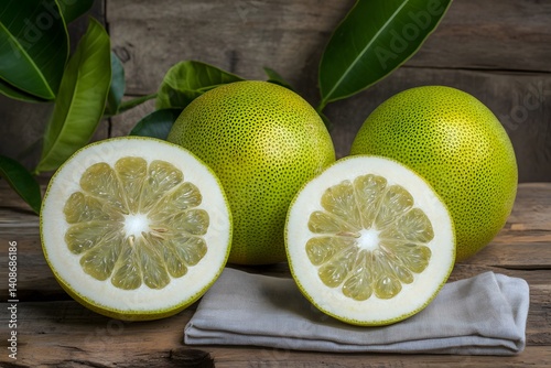 Fresh Pomelos Cut in Half on Wooden Table