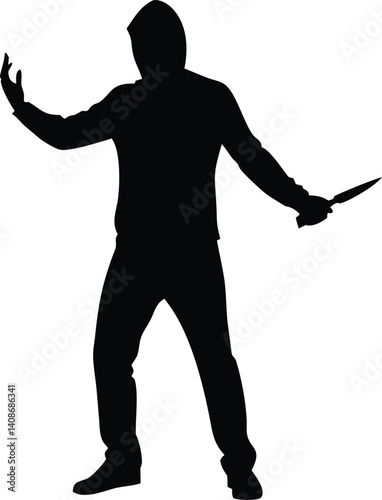 Hooded Man with Knife Silhouette on White, Raising Hand Threateningly