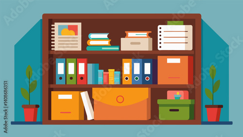 A mini makeshift office complete with labeled folders sticky notes and a planner set up in a cubby hole for maximum productivity.. Vector illustration