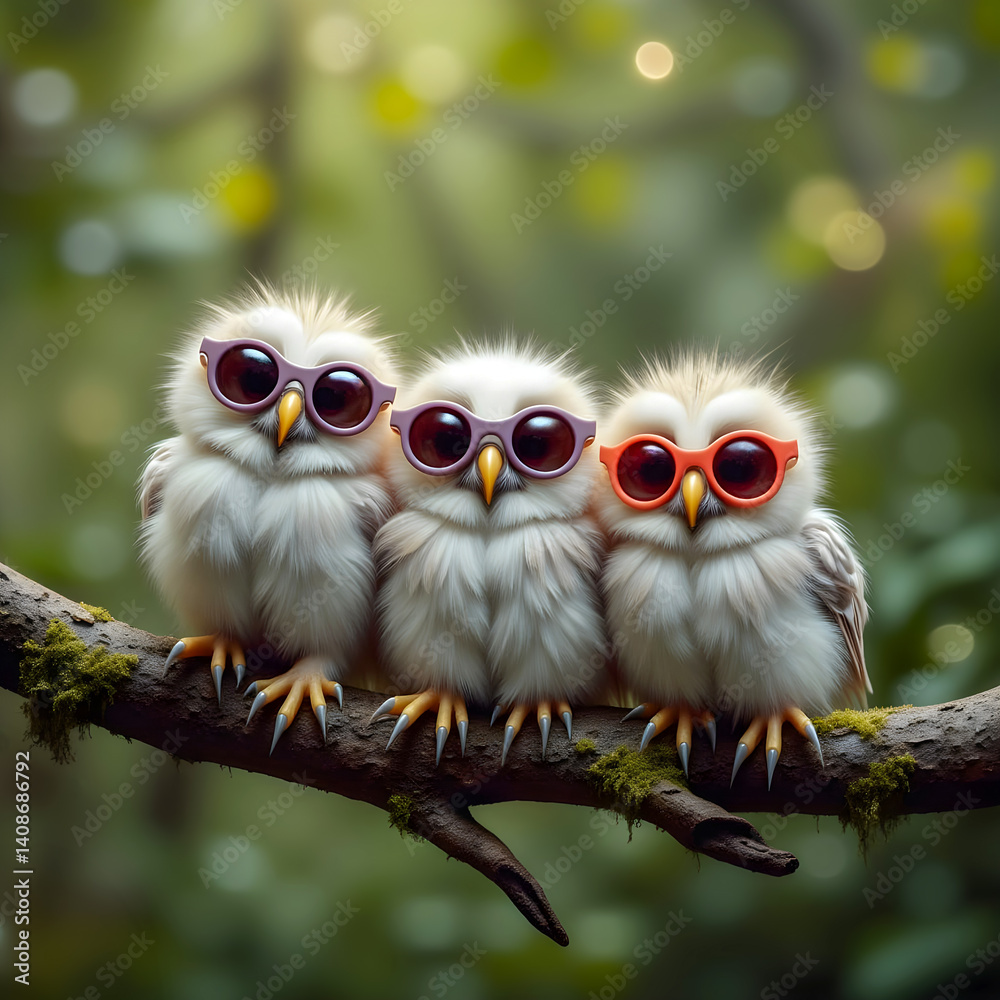 Three fluffy owls on branch with sunglasses on AI