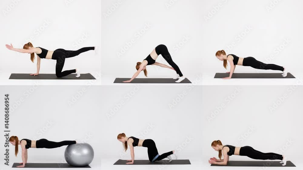 A collection of six exercising poses showcasing a woman performing various workouts on a yoga mat. The focus is on bodyweight exercises that enhance strength and endurance in a minimalist setting.