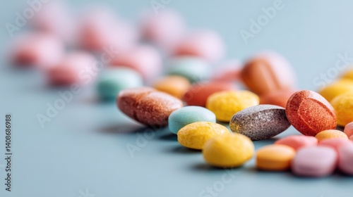 Colorful Medicine Pills: An eye-level close-up view of diverse pills, showcasing the variety of colors and shapes of medications used to improve health, cure diseases, and alleviate ailments. 
