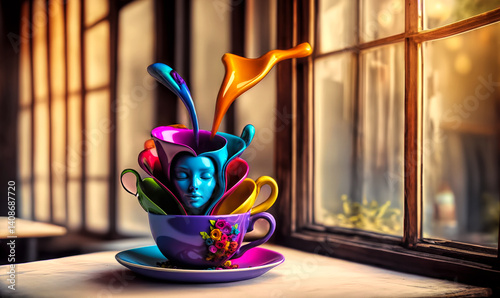 Obraz na płótnie A whimsical cup and saucer ,placed on a table in front of a window AI w salonie