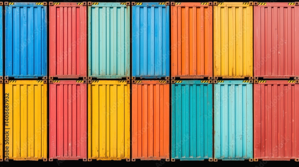 Fototapeta premium Colorful shipping containers stacked in a grid pattern