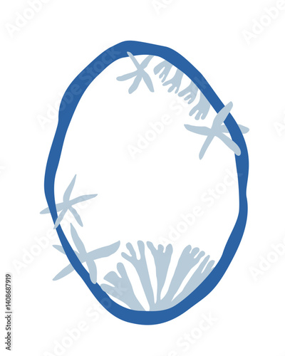 Hand-drawn marine frame with starfish, seaweed. White vector doodle in blue