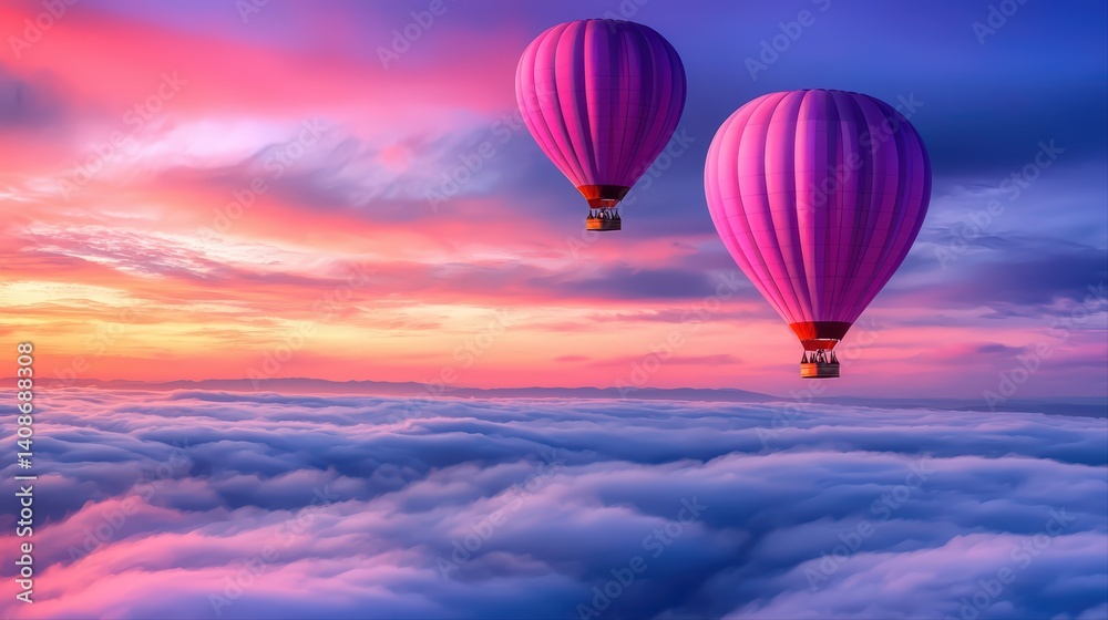 Fototapeta premium Colorful hot air balloons in sky at sunset over clouds