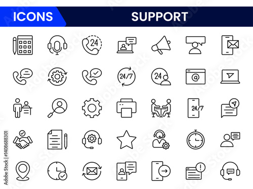 A vector illustration web line icon collection representing support services, including help desk, customer care, headset, chat, tools, and assistance for business and tech use.
