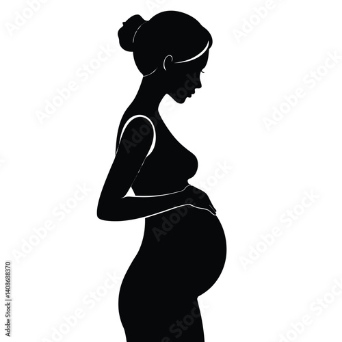 Pregnant Asian Woman Silhouette, Gestation Concept, Expecting Mother, Hands on Belly