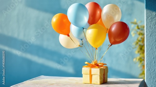 Gift of Colorful Balloons: A festive bundle of vibrant balloons, each a different hue, rises gracefully from a beautifully wrapped gift box, creating a celebratory atmosphere against a soft backdrop.