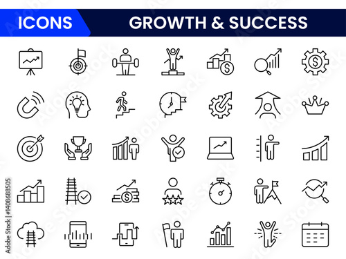 A vector web illustration line icon collection representing growth and success, showcasing symbols like arrows, upward trends, and achievements, ideal for business, finance, and motivational themes.