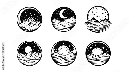 set of vector icons of Moon and stars over snowy hills, set of vector icons