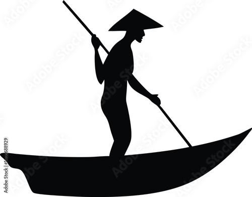 Silhouette Asian rower steers boat using long pole, wearing traditional hat