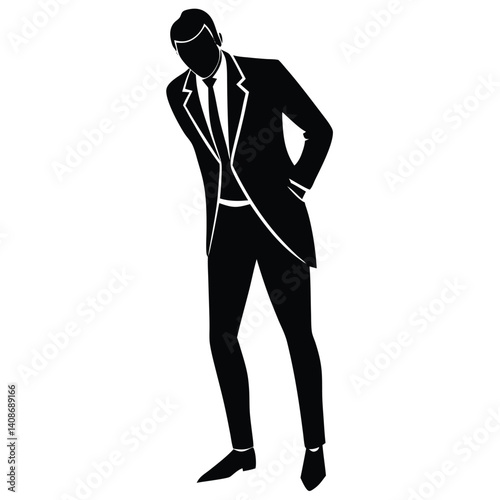Silhouette man in suit, hands in pockets, looking down on transparent background