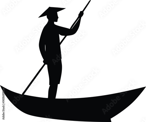 Silhouette of Asian rower rowing with paddle in boat on transparent background