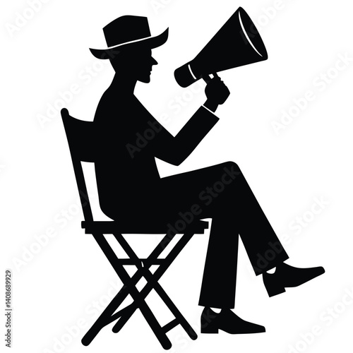 Silhouette of Man in Hat Seated Shouting into Megaphone on Transparent Background