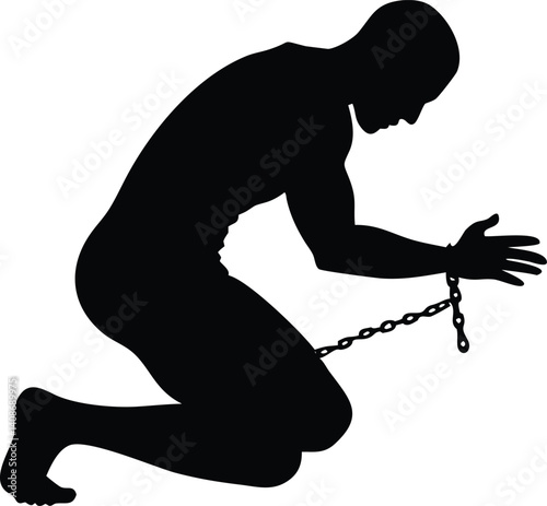 Silhouette of Man Kneeling Shackled by Chains with Transparent Background