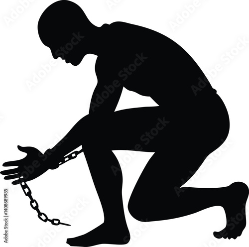 Silhouette of Man Kneeling with Chains on Hands Isolated on Transparent Background