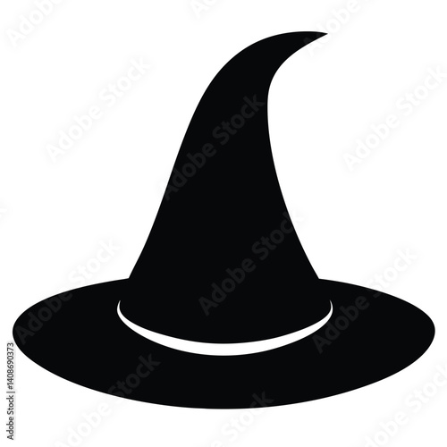 Silhouette of pointy black Halloween witch hat on a white transparent background