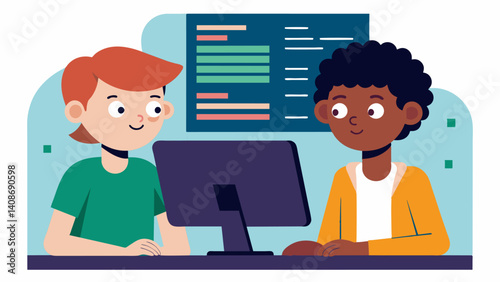 A pair of students intently studying lines of code on a computer screen their expressions focused and determined.. Vector illustration