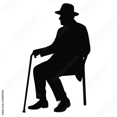 Sitting Older Man Silhouette with Hat and Cane on Transparent Background