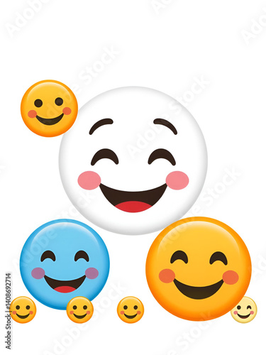 Smiley emojis happy smile beaming faces. Icon emoticons jovial considerate client communication. Interpersonal warmth touch solace symbolized Customer Assistance conversational star face expressions.