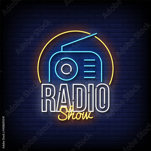 radio show neon sign with brick wall background vector