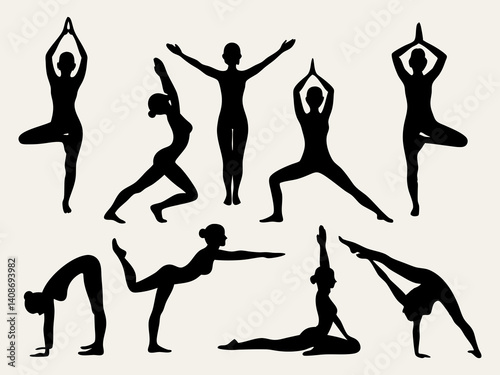 Yoga poses silhouettes vector illustration for fitness wellness and healthy lifestyle design element set of asanas