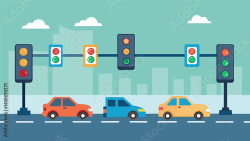 A synchronized traffic light system that adjusts timing based on live traffic data reducing congestion and improving the flow of vehicles.. Vector illustration
