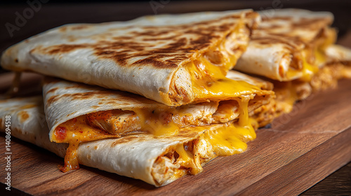 Chicken quesadilla sliced with melted cheese stretch