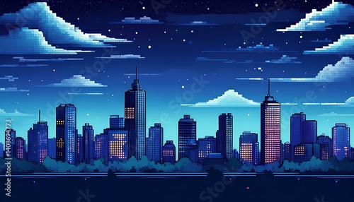 pixel art illustration of night city skyline