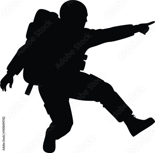 Airborne Soldier Silhouette Pointing, Military Paratrooper with Backpack, Transparent