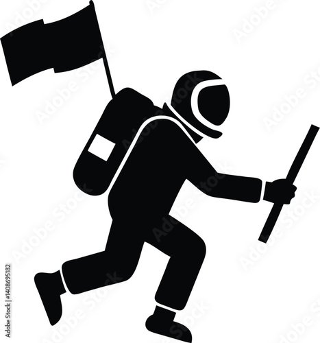 Astronaut Silhouette Running with Flag and Rod on Transparent Background