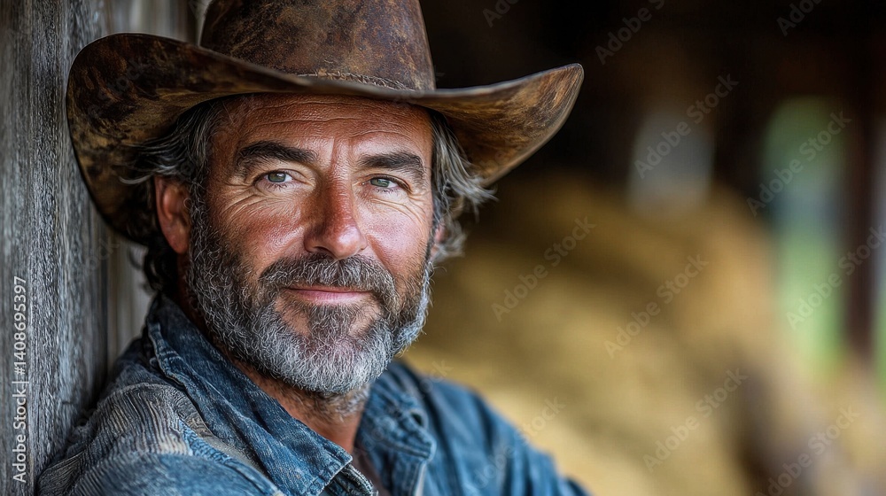 Close up portrait of a rugged weathered cowboy wearing a classic cowboy hat and displaying a thick aged beard in a rustic rural setting This image conveys a sense of experience hardiness Close up portrait of a rugged weathered cowboy wearing a classic cowboy hat and displaying a thick aged beard in a rustic rural setting This image conveys a sense of experience hardiness
