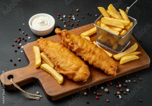 top view of fish and chips with chopping board
