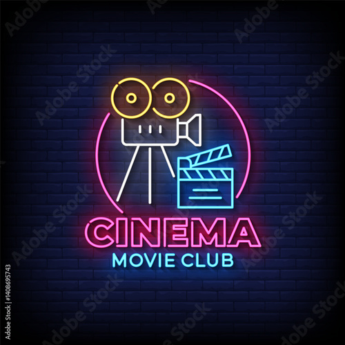 cinema movie time neon sign with brick wall background vector
