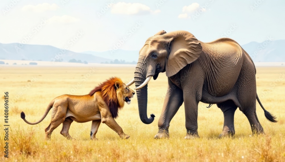 Fototapeta premium Watercolor painting of a lion and elephant playing together in the African grasslands, watercolor, elephant