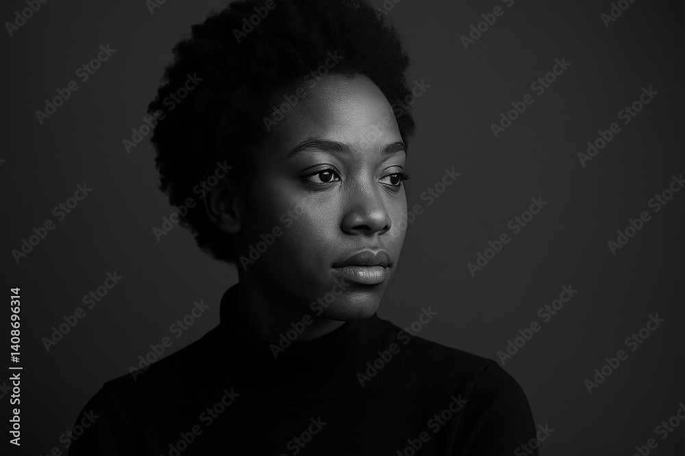 Thoughtful woman gazing to the side in a dark room, expressing contemplation Thoughtful woman gazing to the side in a dark room, expressing contemplation