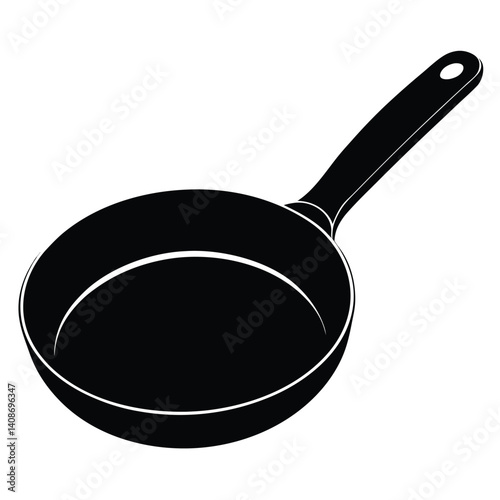 Black Frying Pan with Handle on Transparent Background Kitchenware Cutout Style